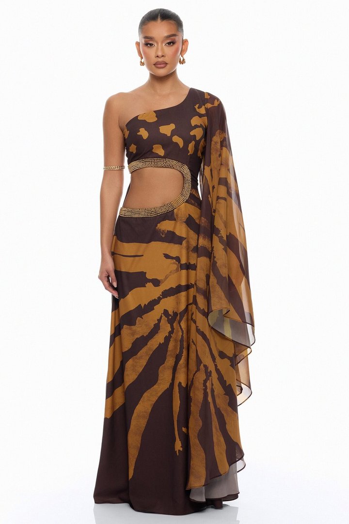 Johanna Embellished Cut Out Maxi Dress - Brown/combo