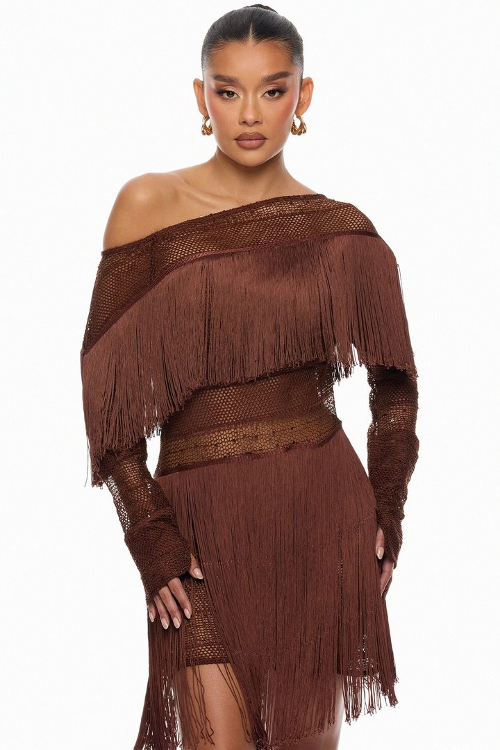 Jayde Fringe Mini Dress - Brown