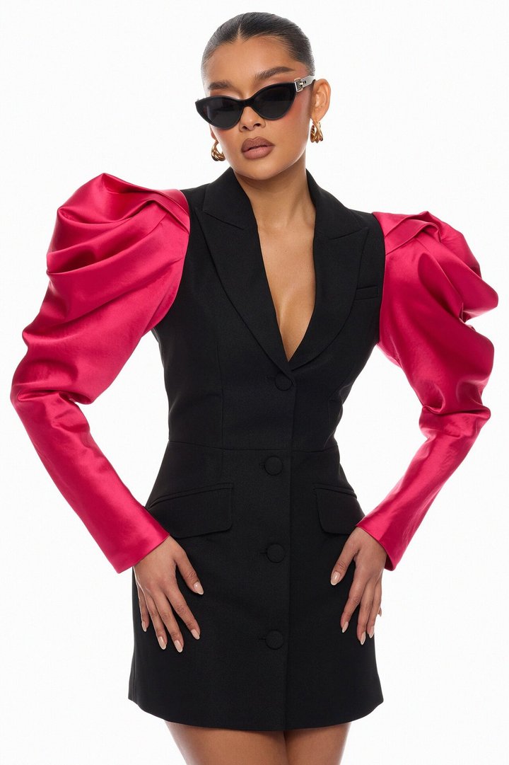 Vega Puff Sleeve Blazer Mini Dress - Black/Pink