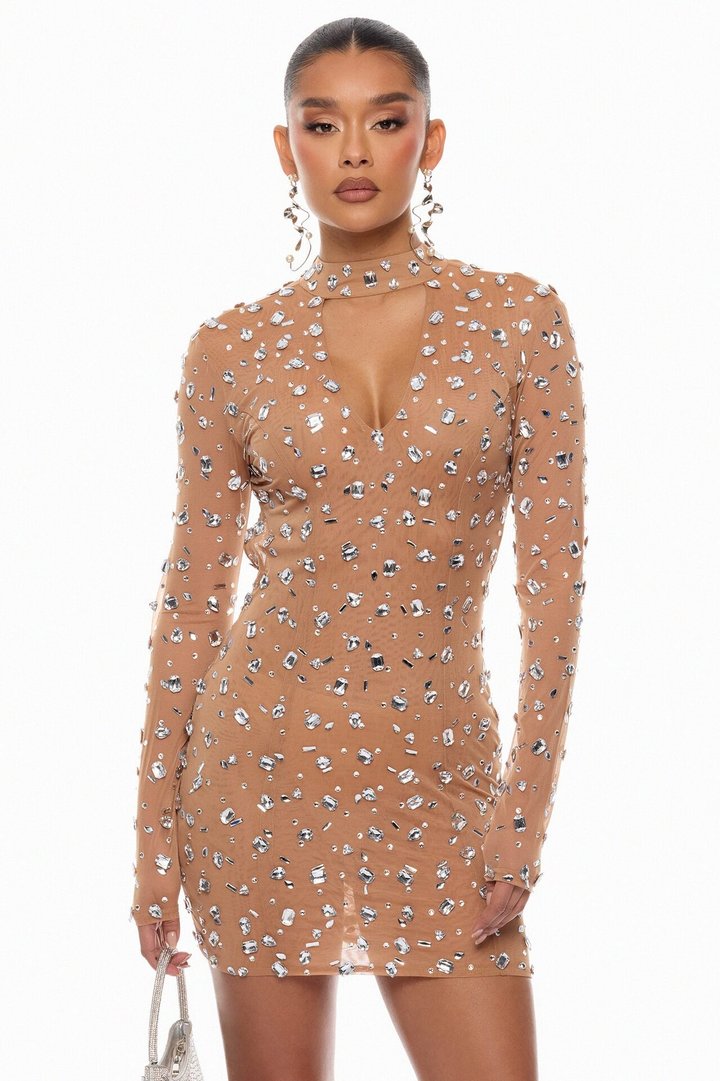 Natasha Rhinestone Drape Mini Dress - Nude