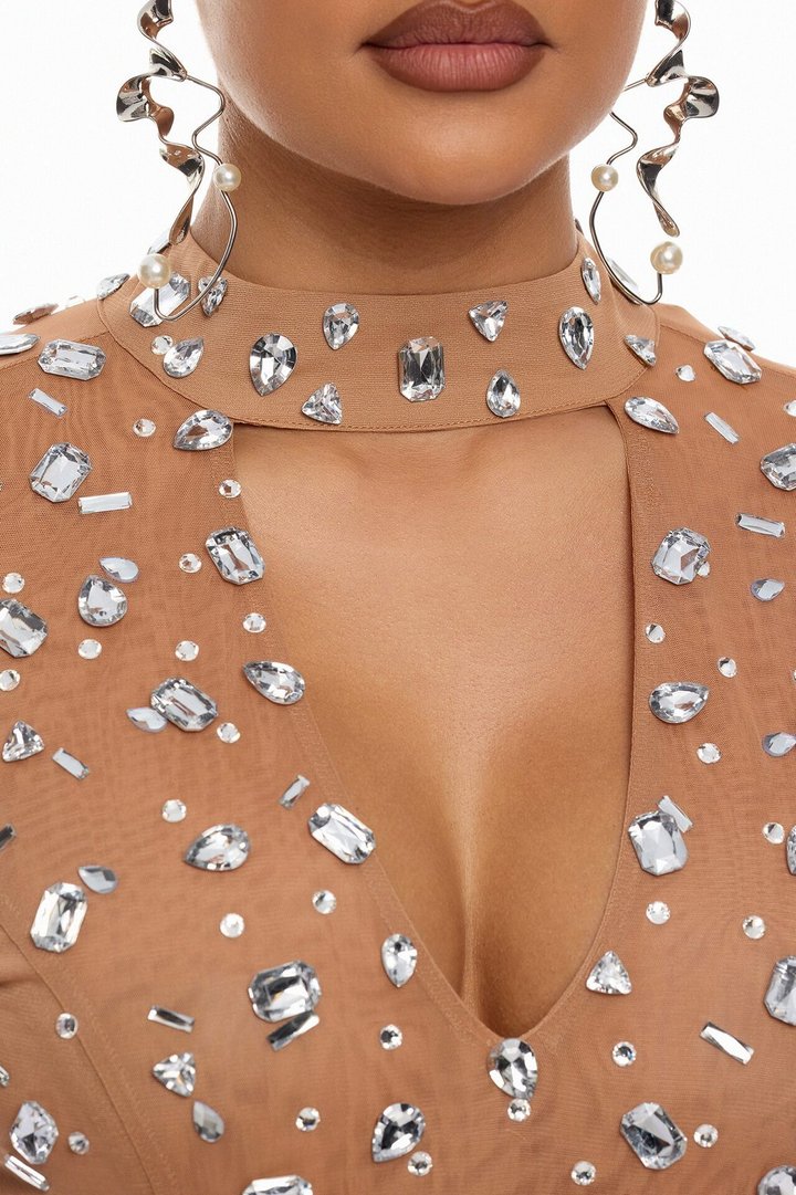 Natasha Rhinestone Drape Mini Dress - Nude