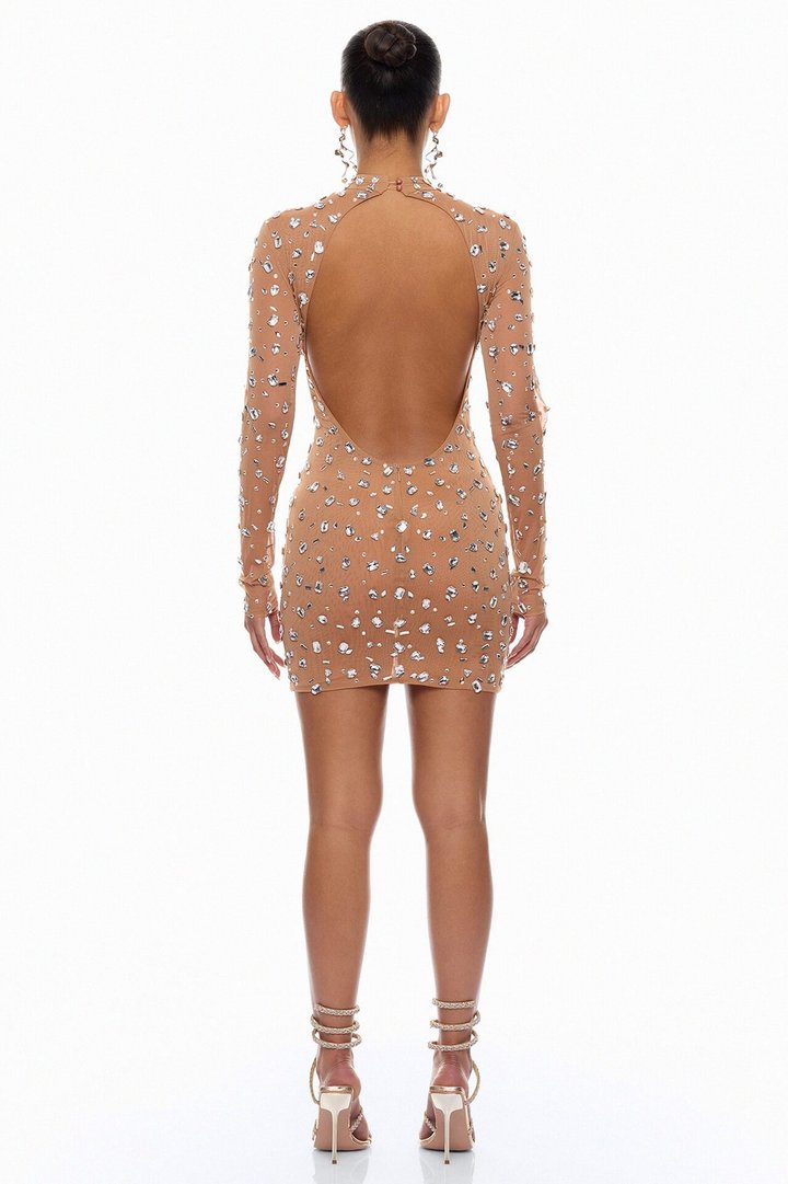 Natasha Rhinestone Drape Mini Dress - Nude