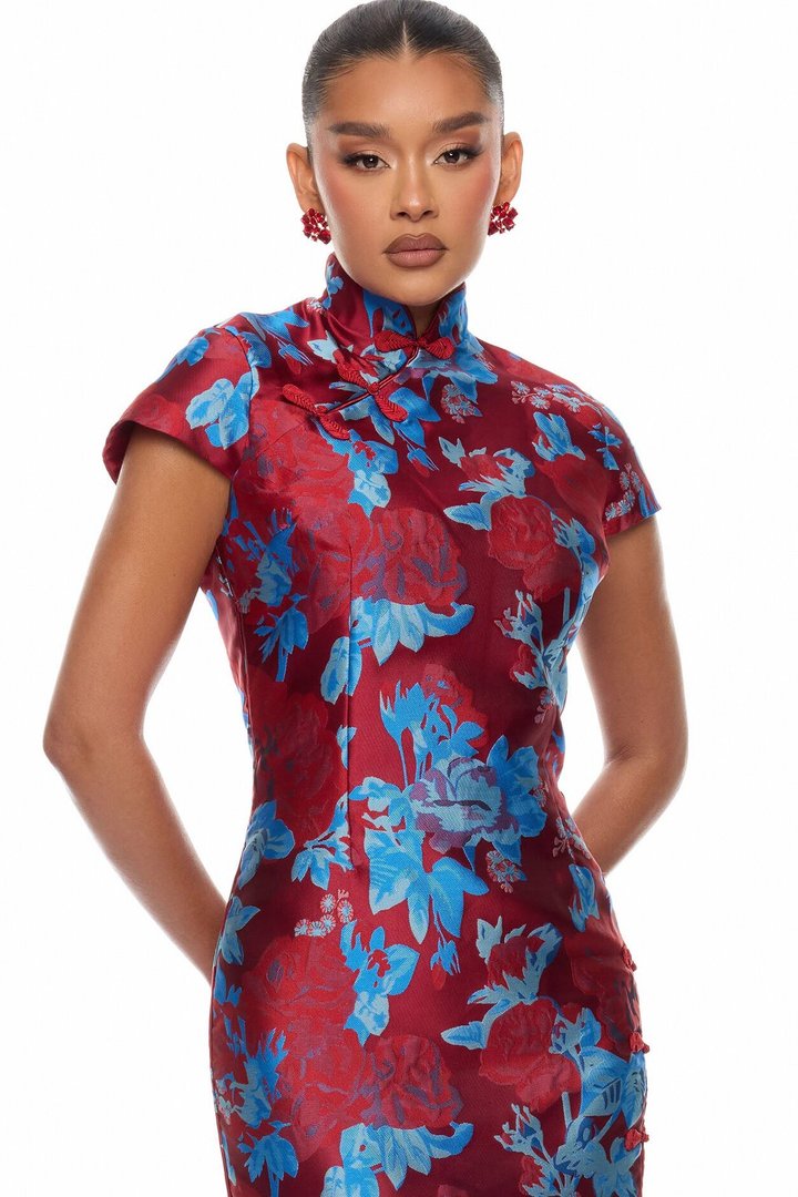 Modern Bloom Jacquard Maxi Dress - Red/combo