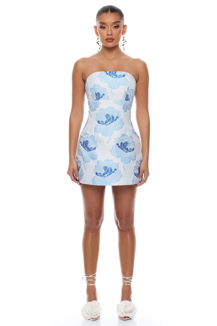 Fiora Strapless Jacquard Mini Dress - Blue