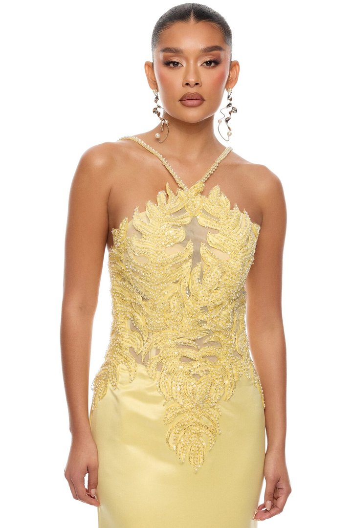 Pure Glamour Embellished Mermaid Gown - Butter Yellow