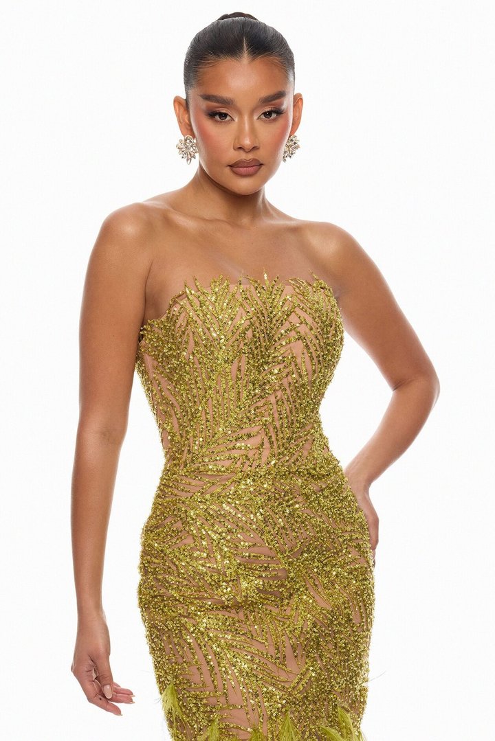 Camille Feathered Embellished Midi Dress - Chartreuse