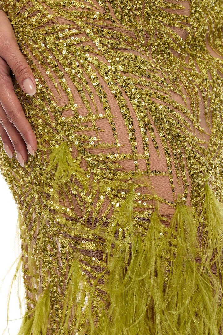 Camille Feathered Embellished Midi Dress - Chartreuse
