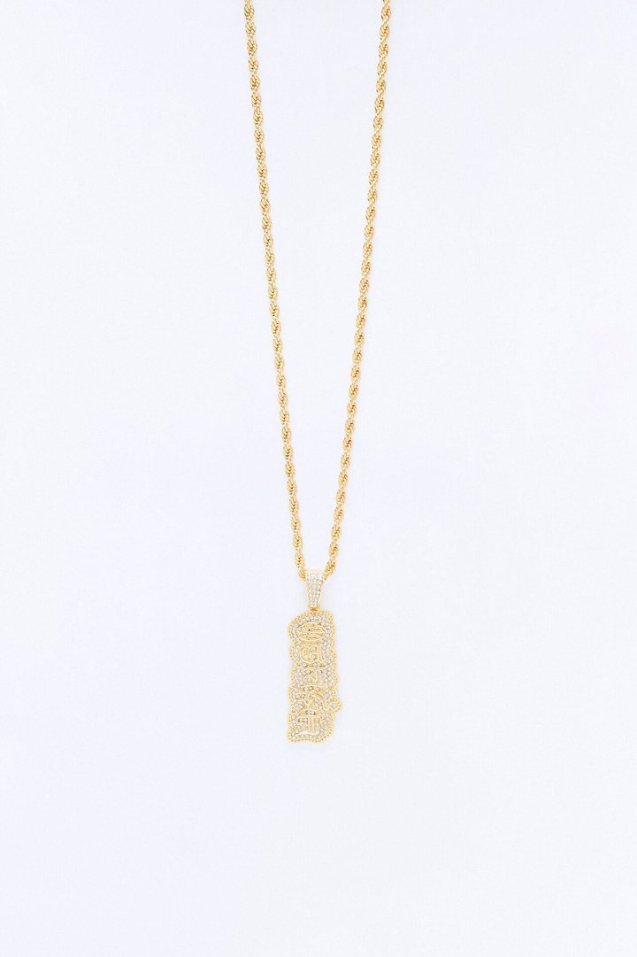 Saint Script Vertical Iced Pendant Necklace - Gold