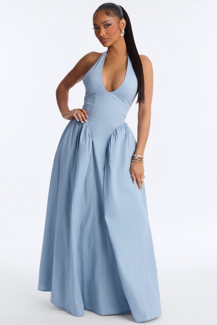Maisie Drop Waist Poplin Maxi Dress - Blue