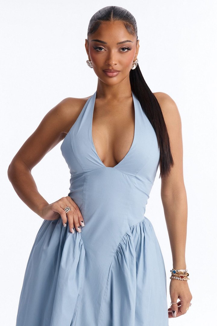 Maisie Drop Waist Poplin Maxi Dress - Blue