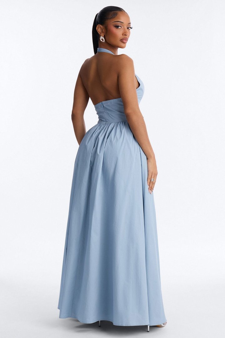Maisie Drop Waist Poplin Maxi Dress - Blue