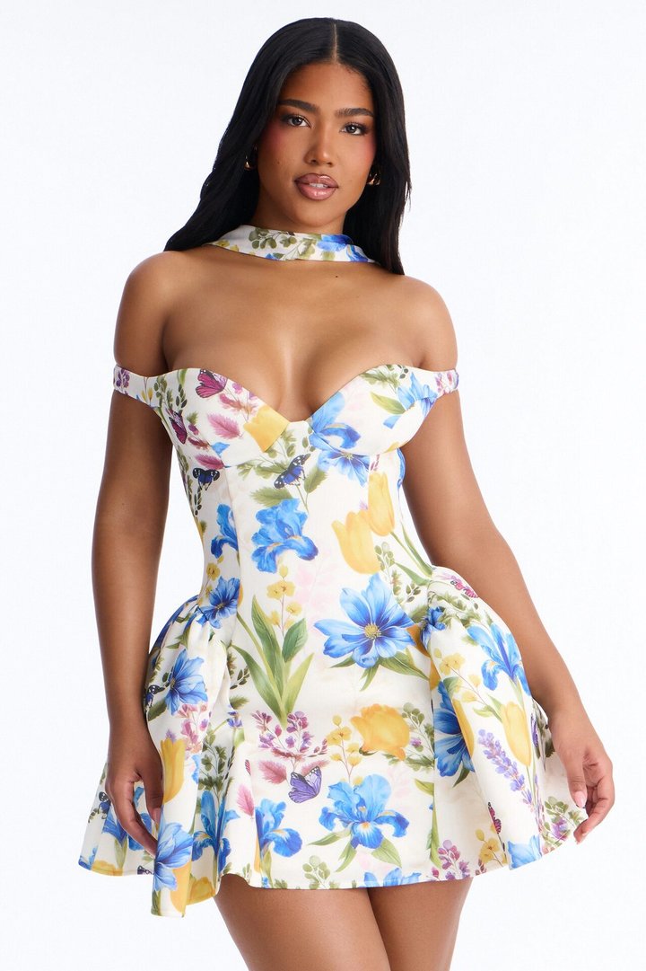 Grand Beauty Floral Off Shoulder Mini Dress - Blue/combo