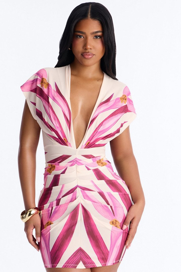Athena Short Sleeve Floral Mini Dress - Pink/combo