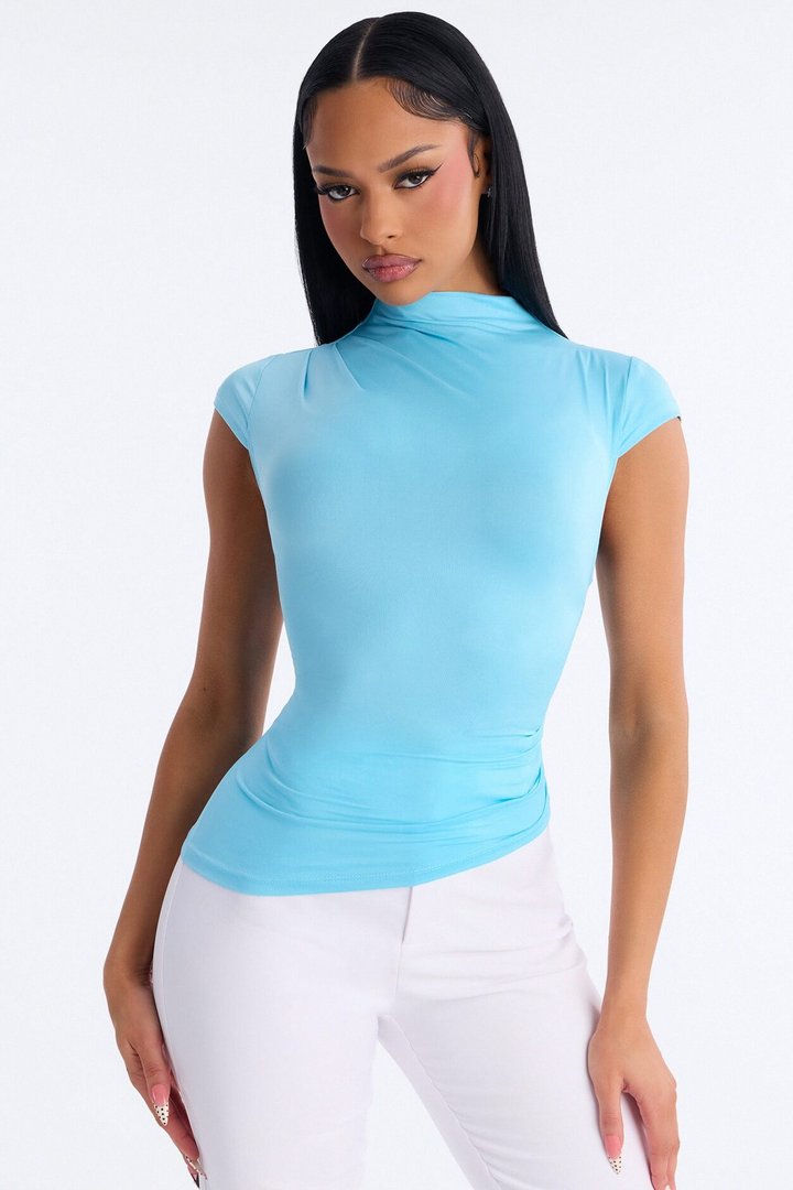 Ines Asymmetrical Ruched High Neck Top - Blue