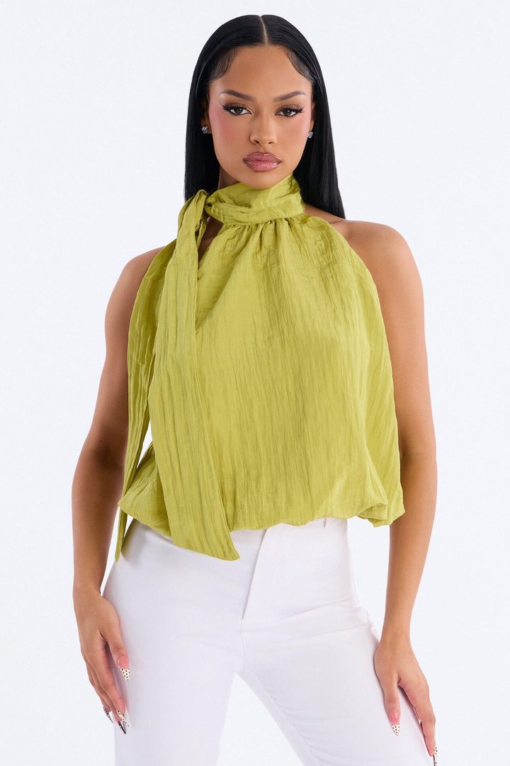 Stay Extra Scarf Plisse Top - Chartreuse