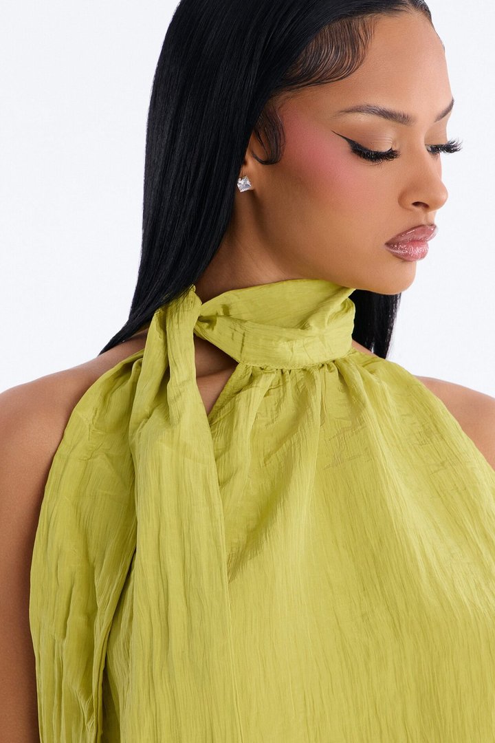 Stay Extra Scarf Plisse Top - Chartreuse