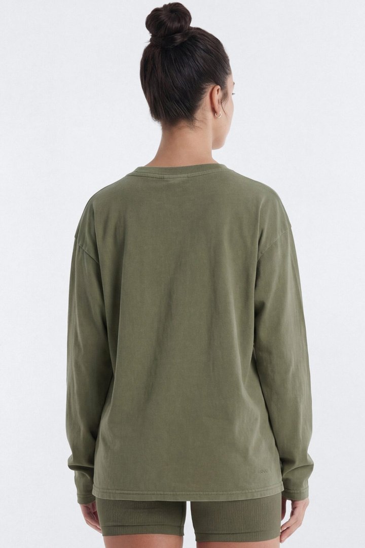 Cotton Jersey Oversized Long Sleeve Top - Moss