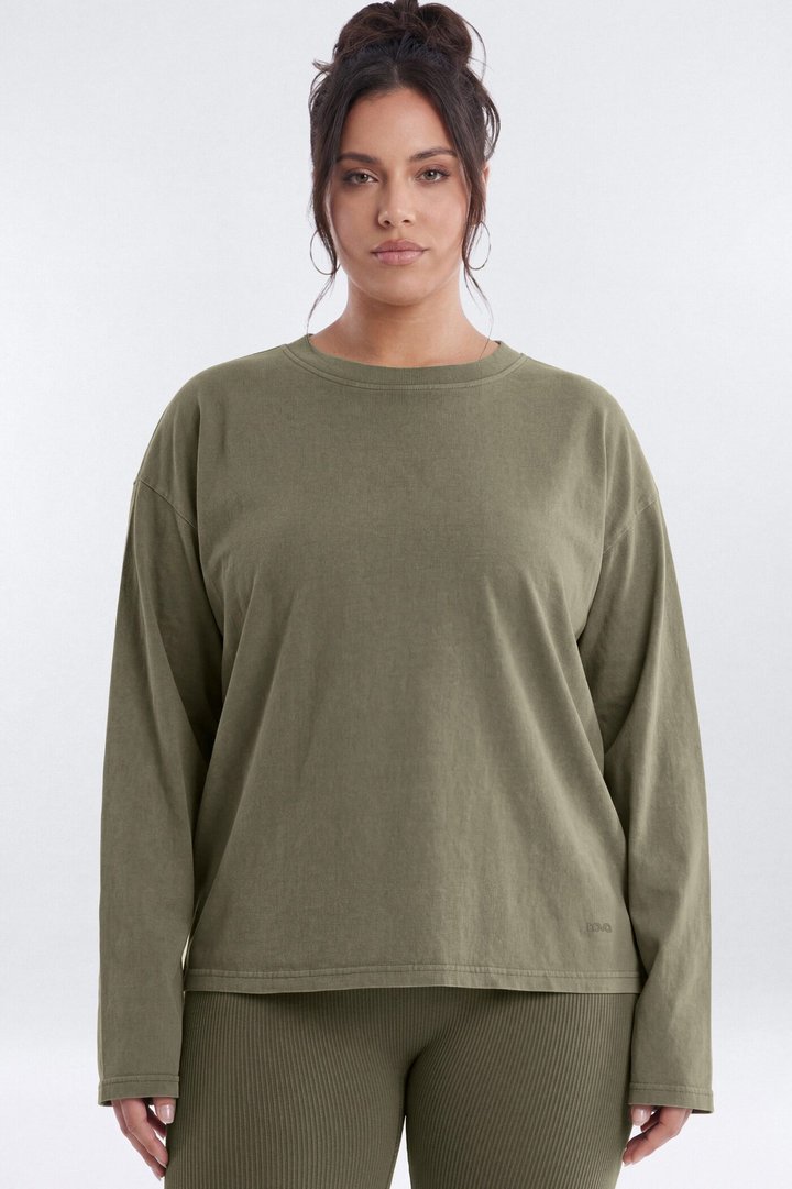 Cotton Jersey Oversized Long Sleeve Top - Moss