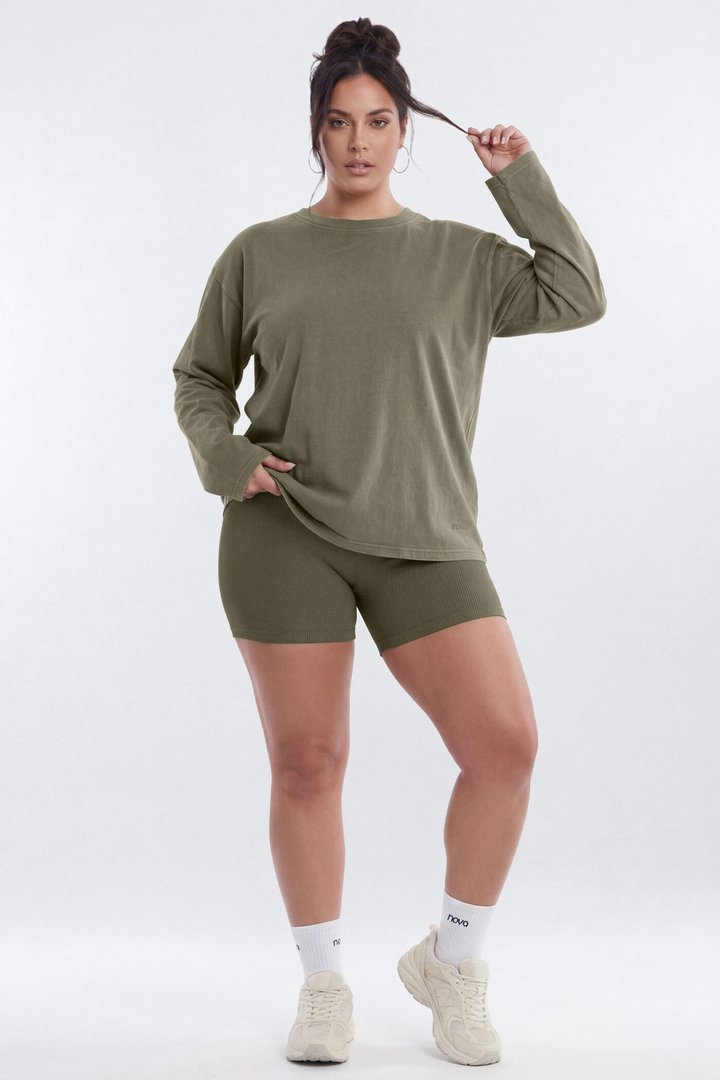 Cotton Jersey Oversized Long Sleeve Top - Moss