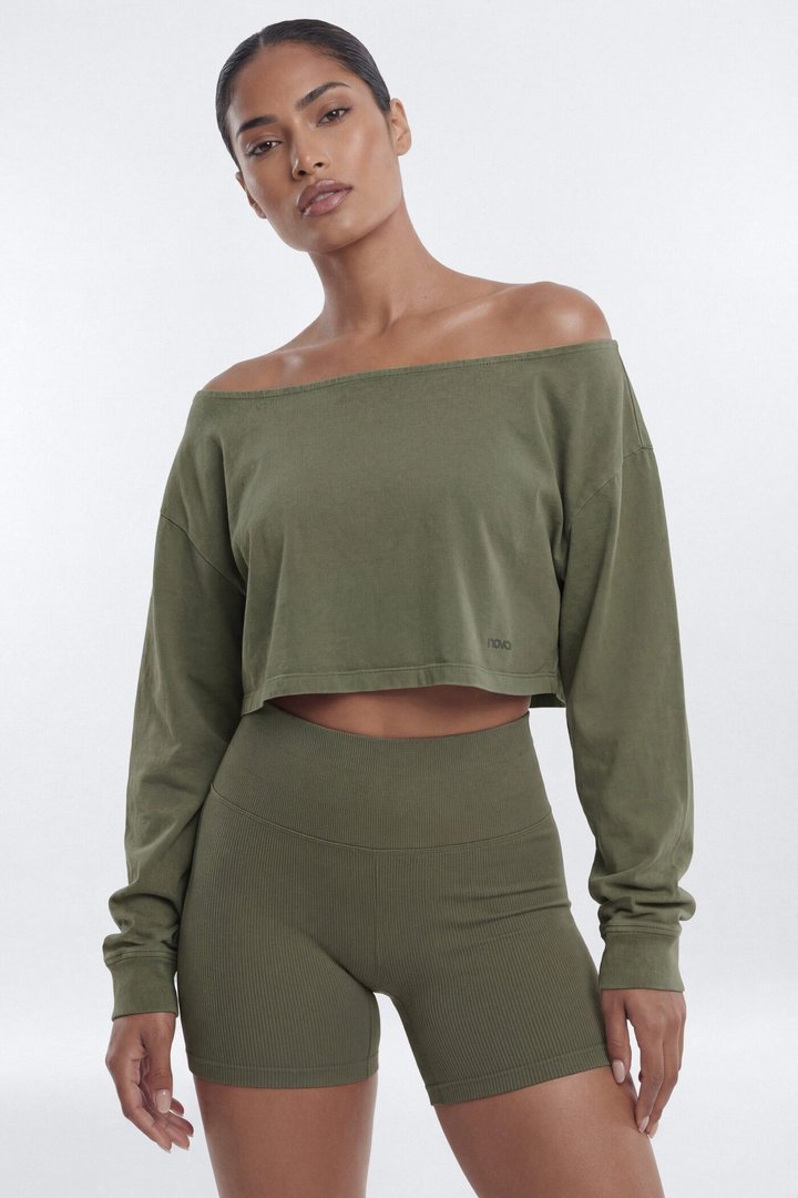 Cotton Jersey Off Shoulder Long Sleeve Crop Top - Moss