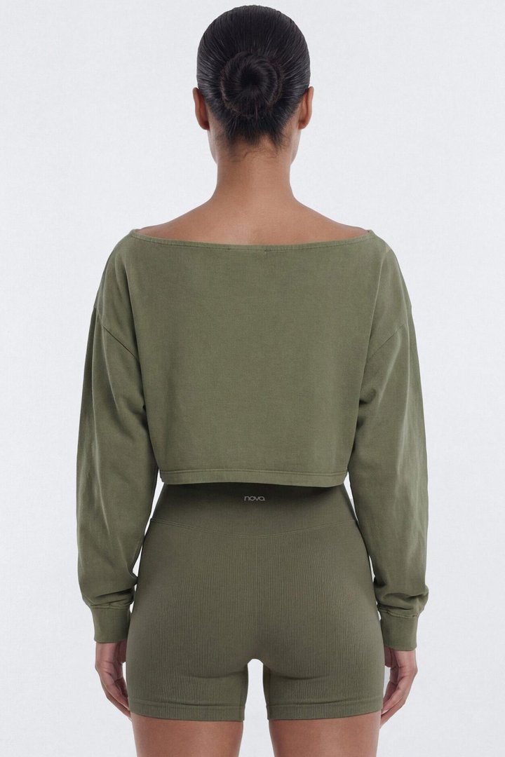 Cotton Jersey Off Shoulder Long Sleeve Crop Top - Moss