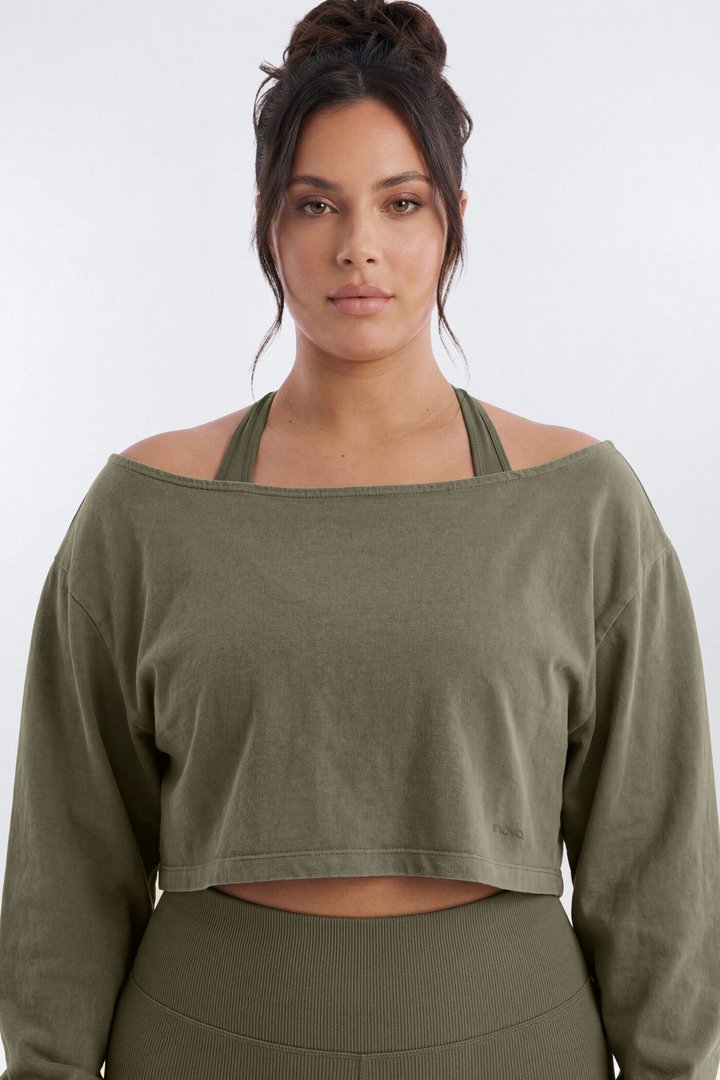 Cotton Jersey Off Shoulder Long Sleeve Crop Top - Moss