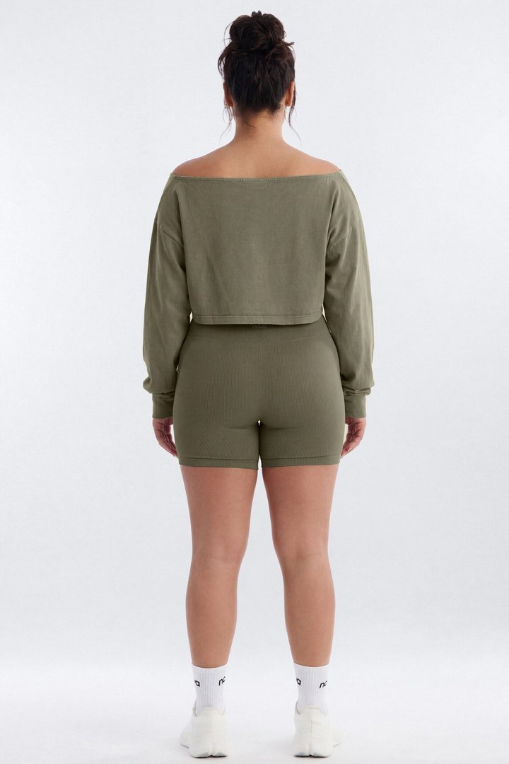 Cotton Jersey Off Shoulder Long Sleeve Crop Top - Moss