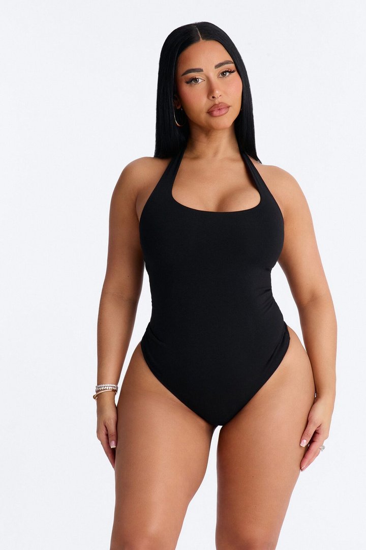 Kayla Double Lined Halter Bodysuit - Black