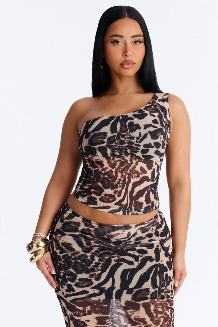 Mona One Shoulder Maxi Skirt Set - Brown/combo