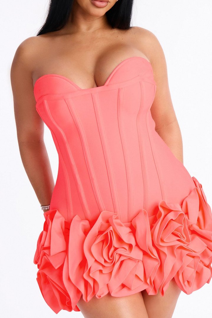 Blessed Beauty Ruffle Rosette Bandage Mini Dress - Coral
