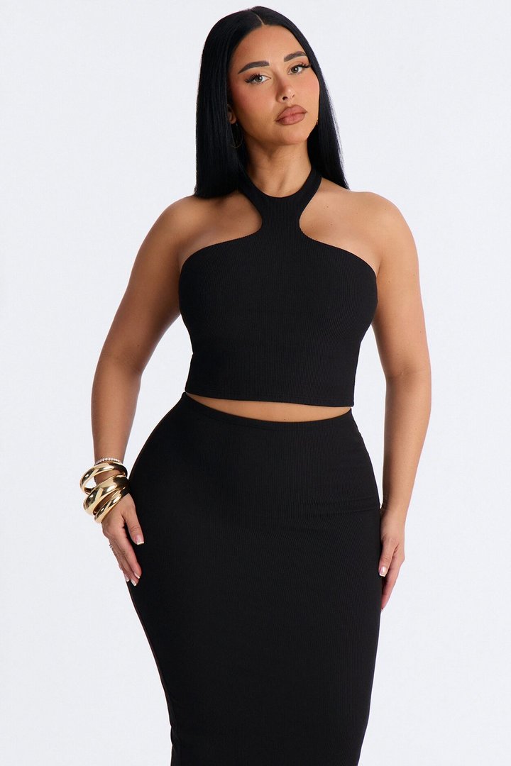 Trixie Ribbed Halter Skirt Set - Black