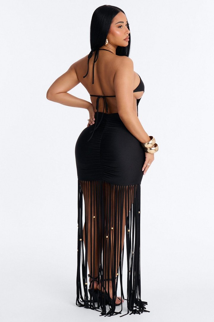 Summertime Muse Fringe Maxi Dress - Black