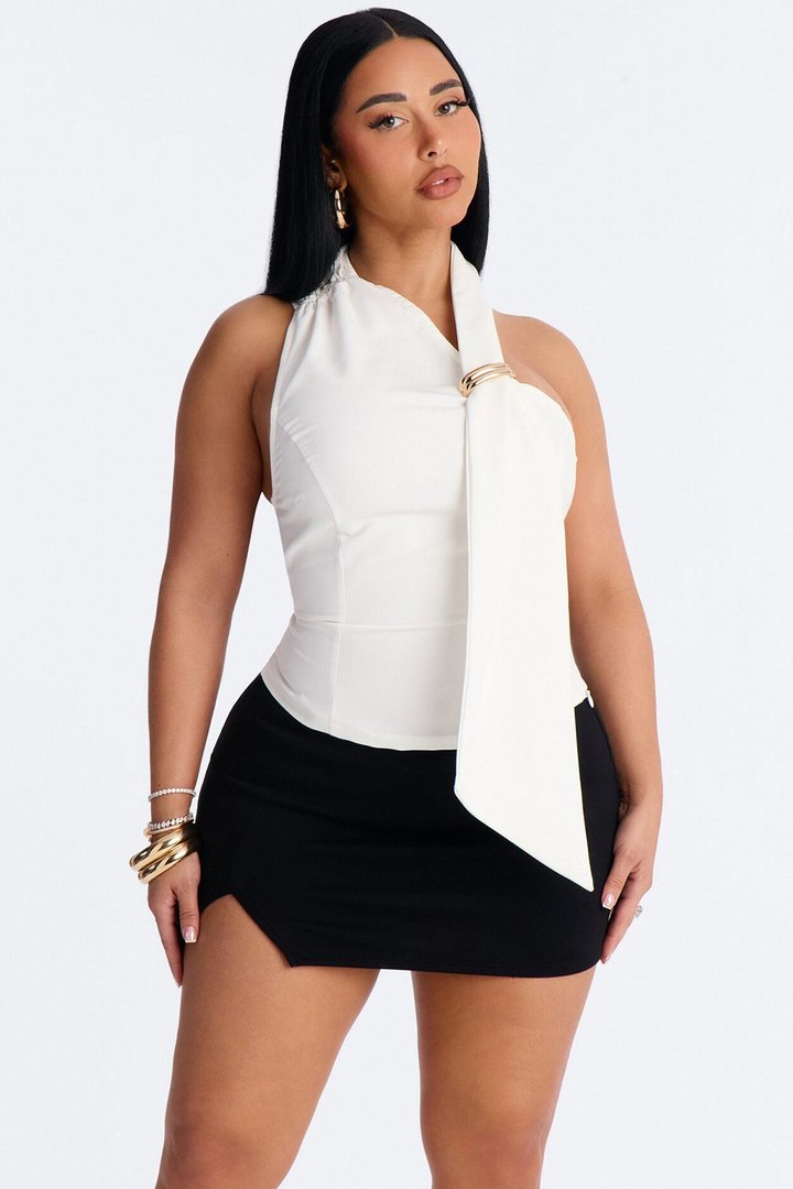 No Off Days Hardware Scarf Denim Halter Top - White