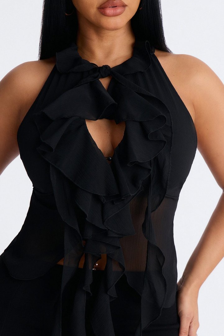 Something Sweet Ruffle Chiffon Halter Top - Black