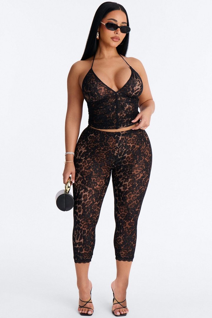 Leora Laced Leopard Capri Set - Black/combo