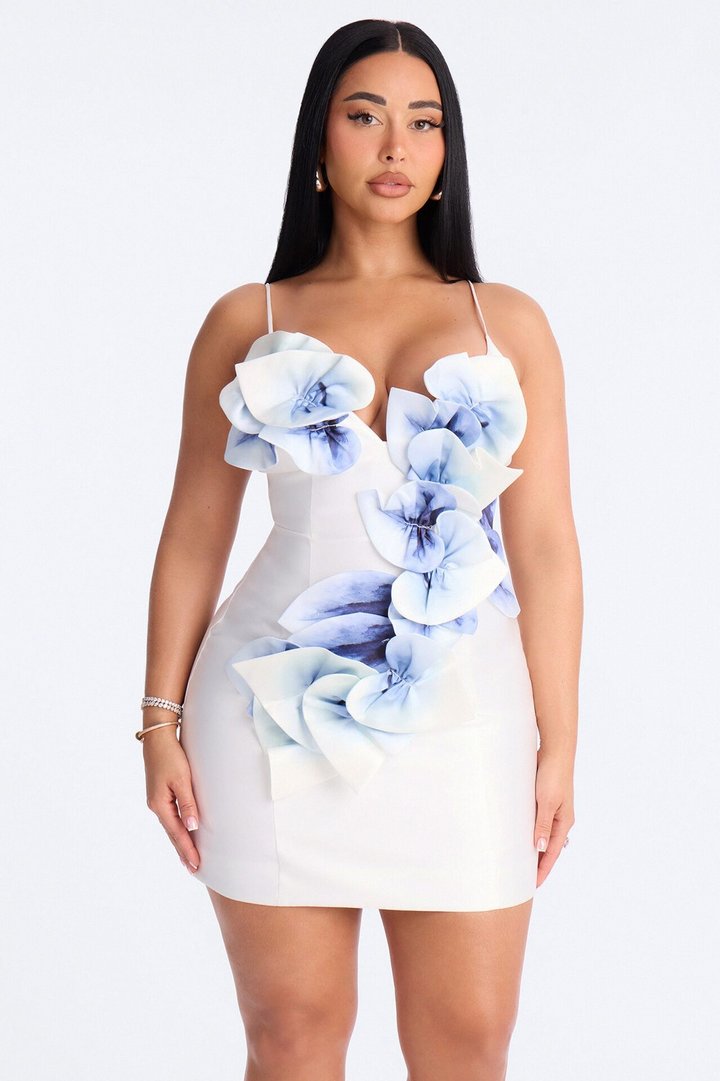 Zoey Floral Satin Mini Dress - White/Blue