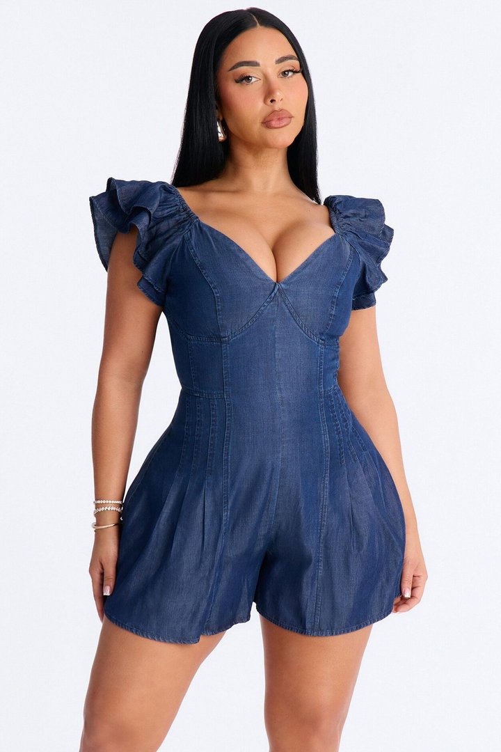 Sienna Sweetheart Short Sleeve Romper - Denim
