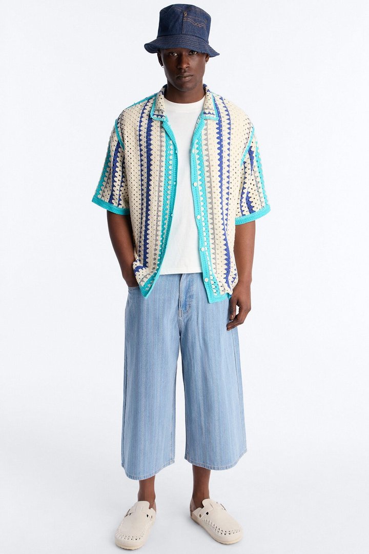 Cropped Breeze Crochet Button Up Shirt - Blue