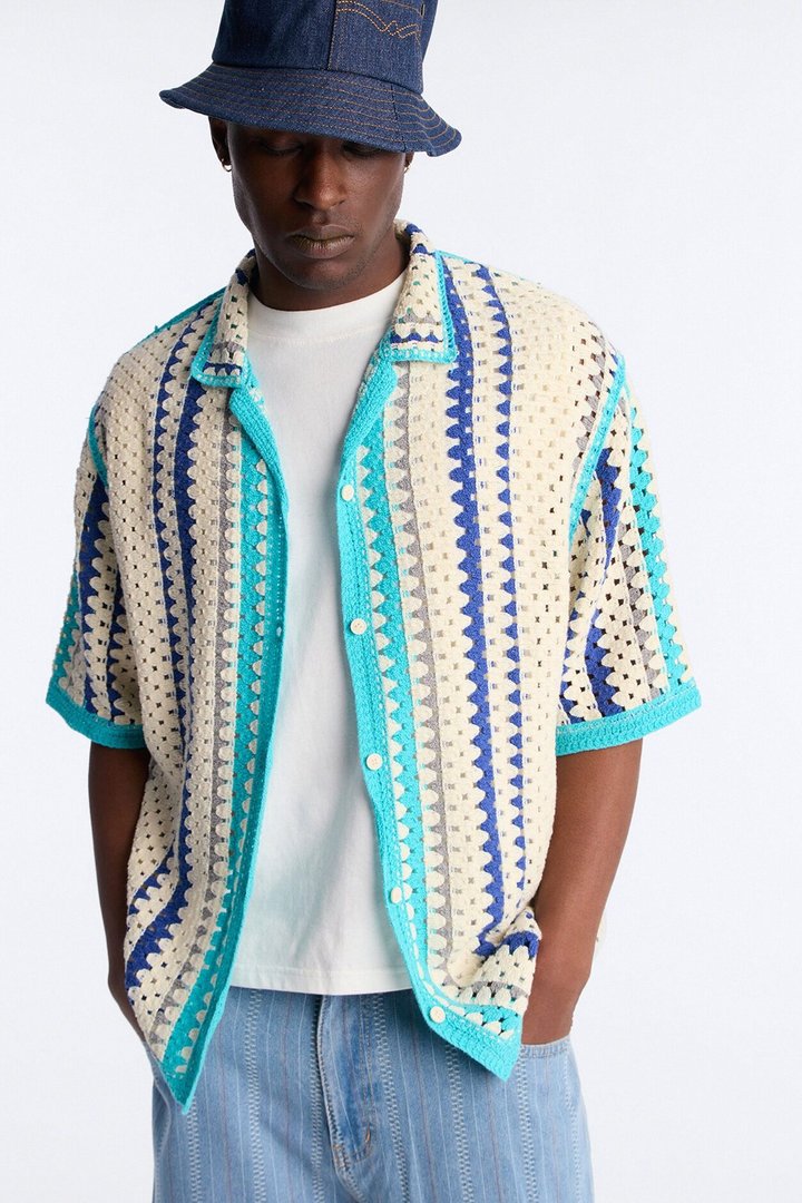 Cropped Breeze Crochet Button Up Shirt - Blue