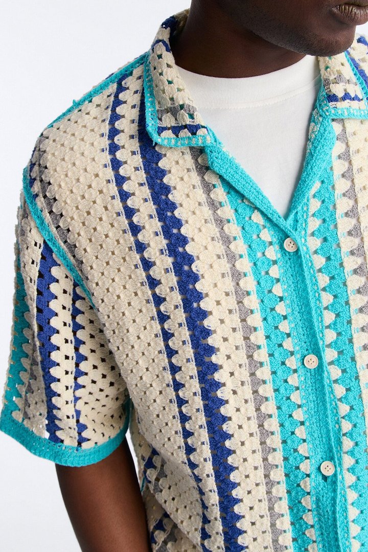 Cropped Breeze Crochet Button Up Shirt - Blue