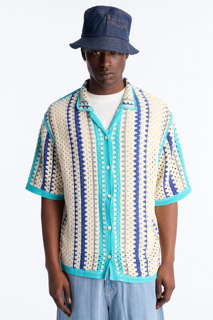 Cropped Breeze Crochet Button Up Shirt - Blue