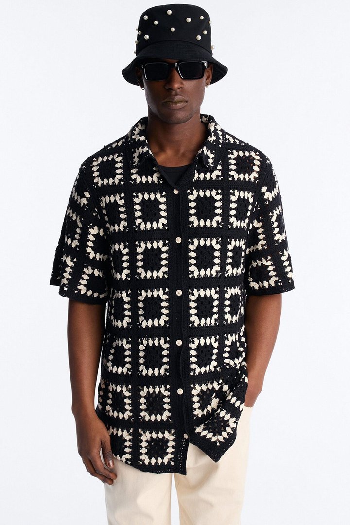 Coastal Crochet Button Up Shirt - Black