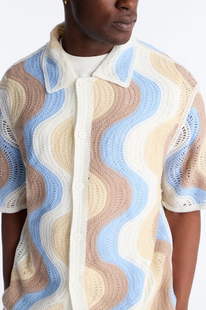 Desert Daze Crochet Short Sleeve Button Up Shirt - Multi Color