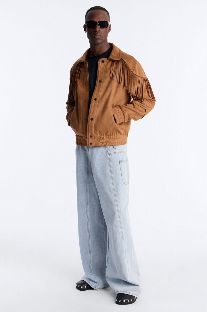 Fringed Festival Grounds Faux Suede Jacket - Camel