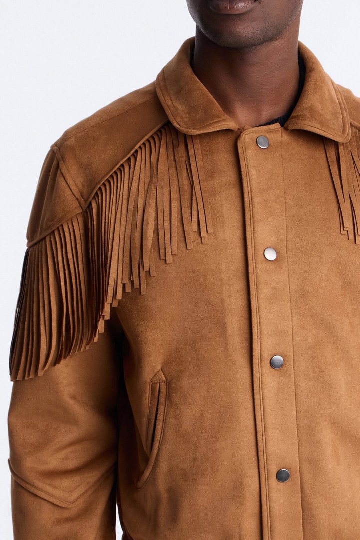 Fringed Festival Grounds Faux Suede Jacket - Camel