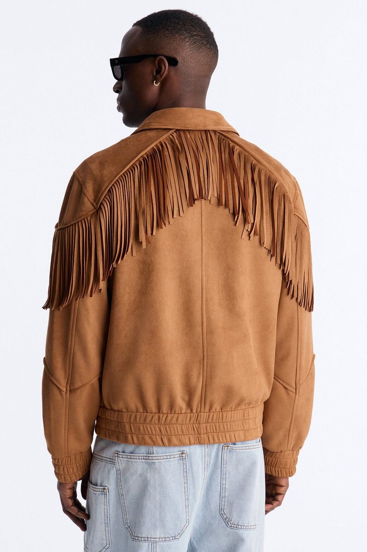 Fringed Festival Grounds Faux Suede Jacket - Camel