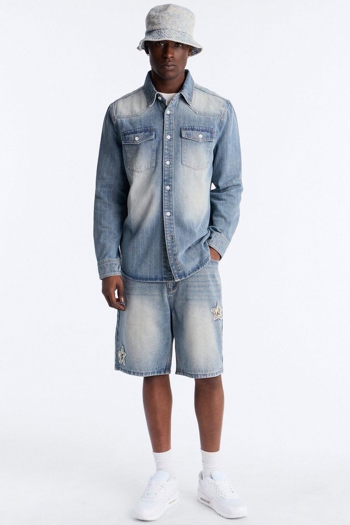 Stars And Stripes Long Sleeve Button Up Denim Shirt - Vintage Blue Wash
