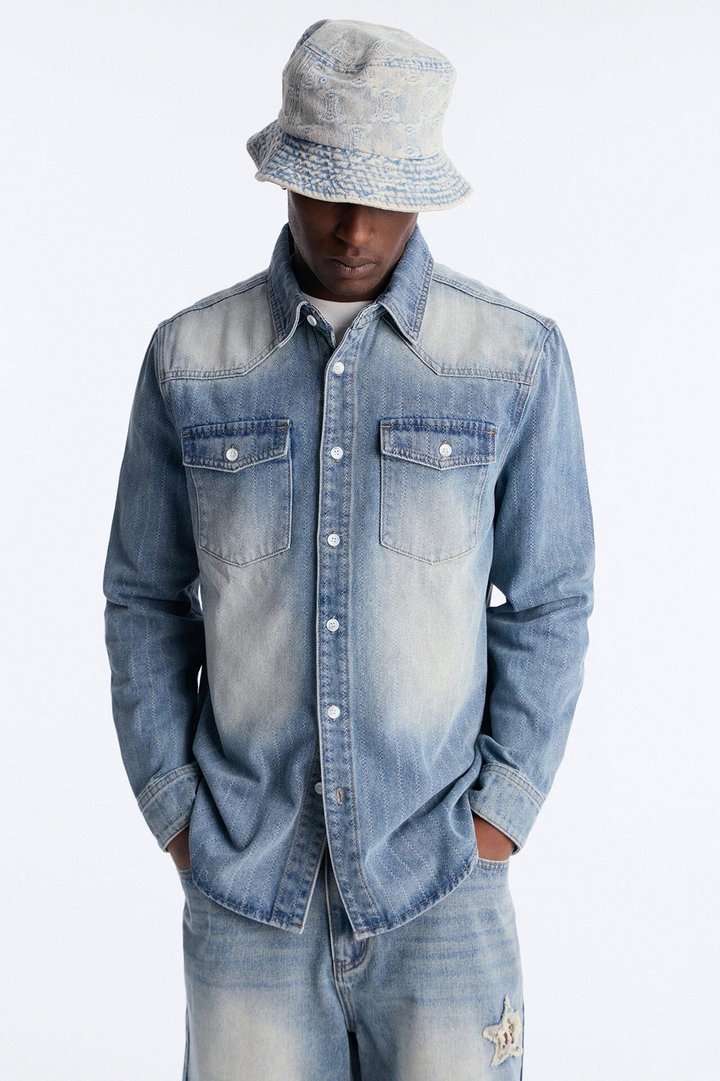 Stars And Stripes Long Sleeve Button Up Denim Shirt - Vintage Blue Wash