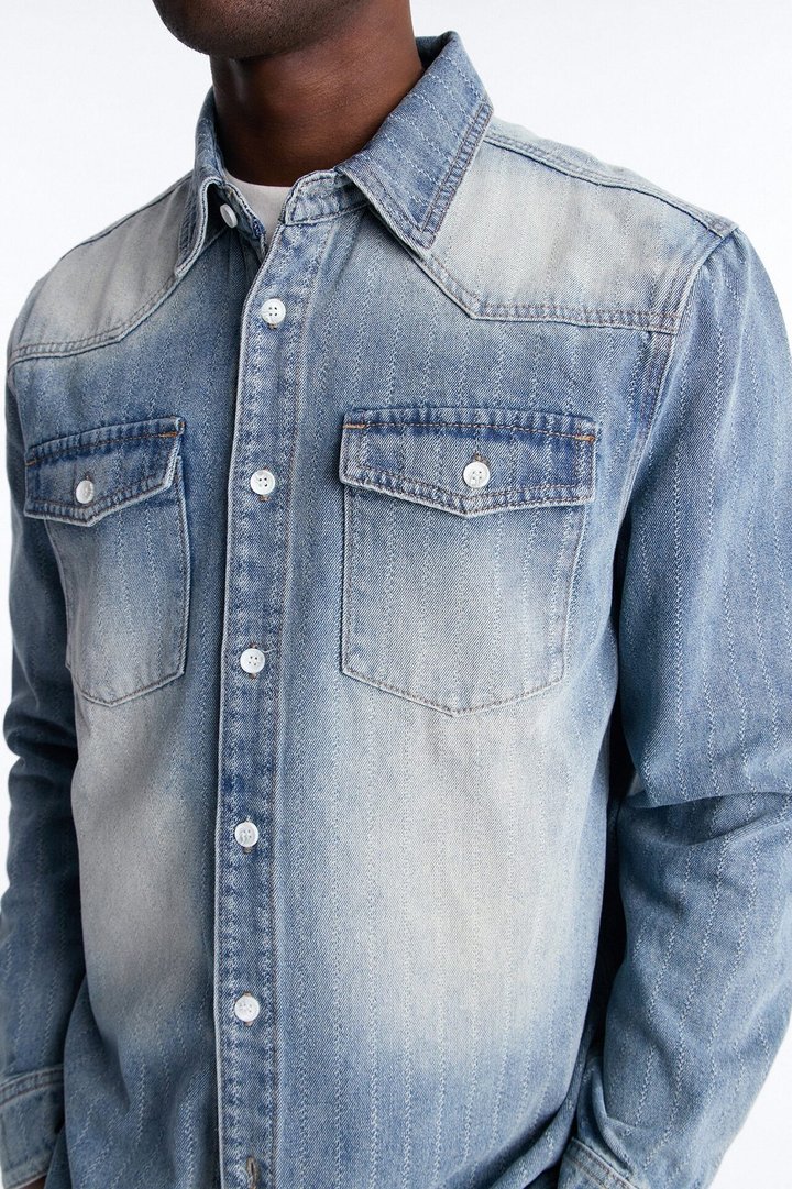 Stars And Stripes Long Sleeve Button Up Denim Shirt - Vintage Blue Wash