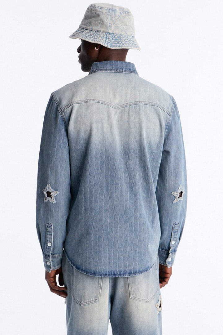 Stars And Stripes Long Sleeve Button Up Denim Shirt - Vintage Blue Wash
